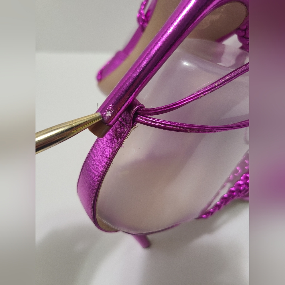 Schutz Lunah Metallic Bright Violet Lace Up Strappy High Stiletto Heels Size 8.5 - Picture 8 of 11